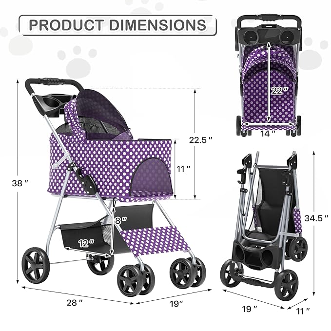 MoNiBloom 3 in 1 Foldable Pet Stroller for Small & Medium Dogs, Detachable Carrier, Car Seat, Push Button Entry, 4-Wheel Jogger for Pets up to 33 lbs, Purple Polka Dots