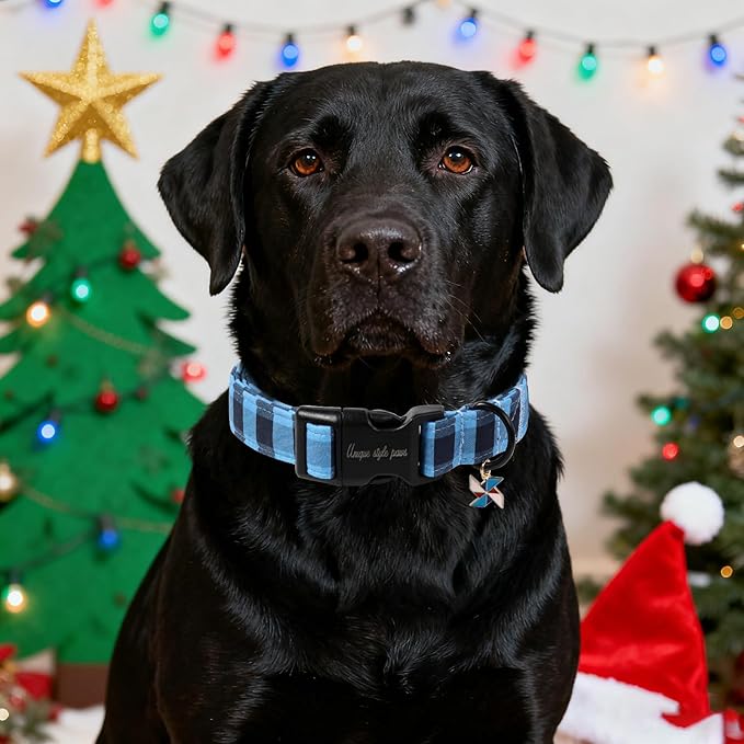 Unique Style Paws Christmas Dog Collar Plastic Buckle with Pendant Black Blue Plaid Cotton Puppy Collars for Small Medium Large Dogs