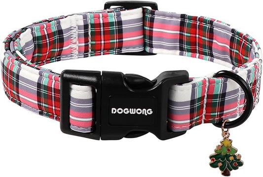 DOGWONG Christmas Dog Collar, Cute Classic Red Plaid Green Dog Collar Durable Soft Fabric Red Grid Dog Collars Boy Puppy Necklace for Small Medium Large Dogs