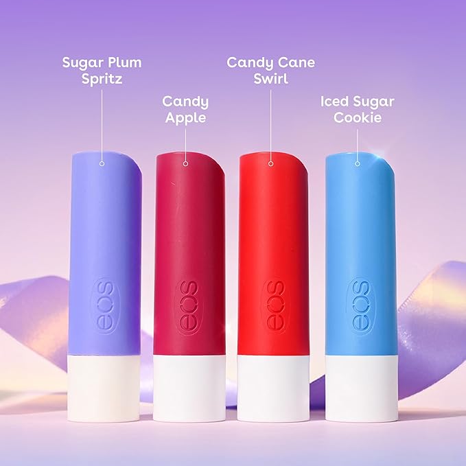 eos Holiday Lip Balm Gift Set, Sugar Plum Spritz, Iced Sugar Cookie, Candy Apple, Candy Cane Swirl, Limited Edition Lip Care, Stocking Stuffers, Natural Shea Butter, 0.14 oz, 4-pack