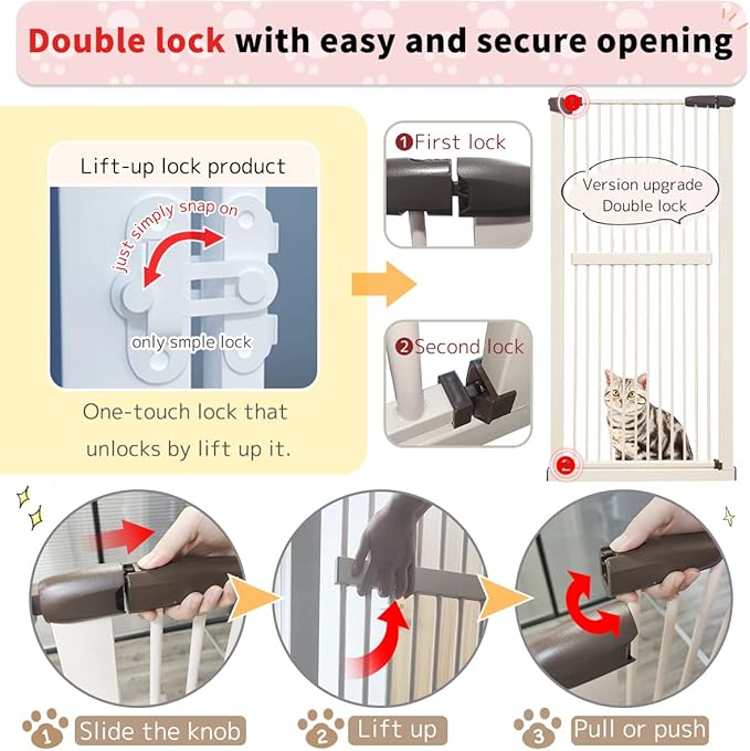 Lumizone Extra Tall Cat Gate 61.02" High Pressure Mounted Extra Wide 42.52"-46.64" (17Sizes) 1.37" Gap No Drilling Auto-Close Tall Pet Gate for Dogs (Cream, 42.52"-46.64" W)