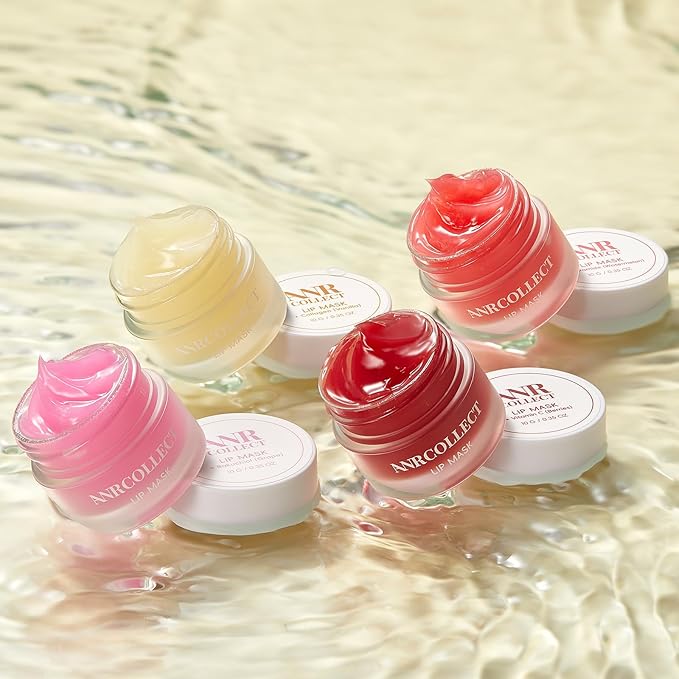 ANRCOLLECT Lip Mask Overnight Set, 4Pcs Lip Care Hydration Treatment Exfoliator Mask Kit, Revives & Nourishes Gift Set for All Day Moisturizing with Collagen & Shea Butter, Valentines Day Gifts