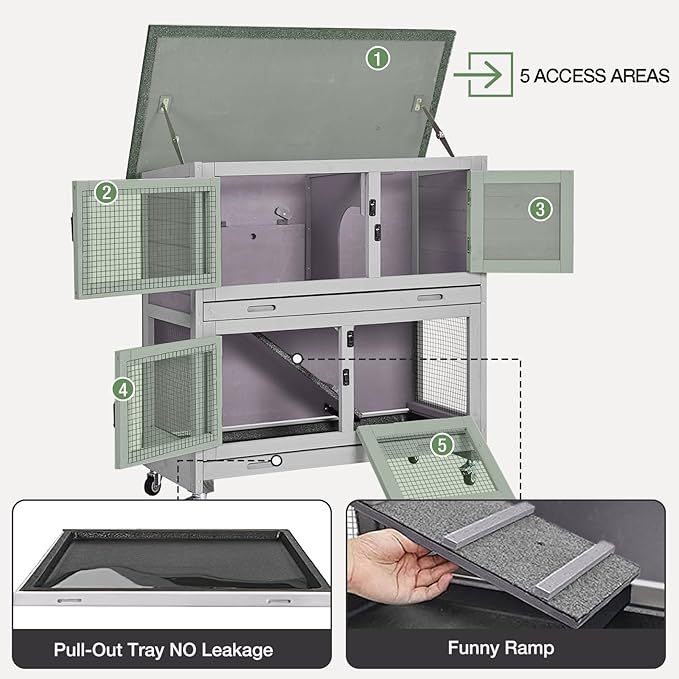 Rabbit Hutch with Trap Door Indoor Rabbit Cage with 4 Casters Bunny cage 2 Story & 2 Trays Guinea Pig Cage 36 inchs Bunny Cage
