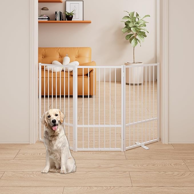 3 Panels Full Metal Freestanding Dog Gates, 60” W x 36” H Folding Pet Gate Fence with Support Feet for Indoor,Stairs, Hallways and Doorways(White)