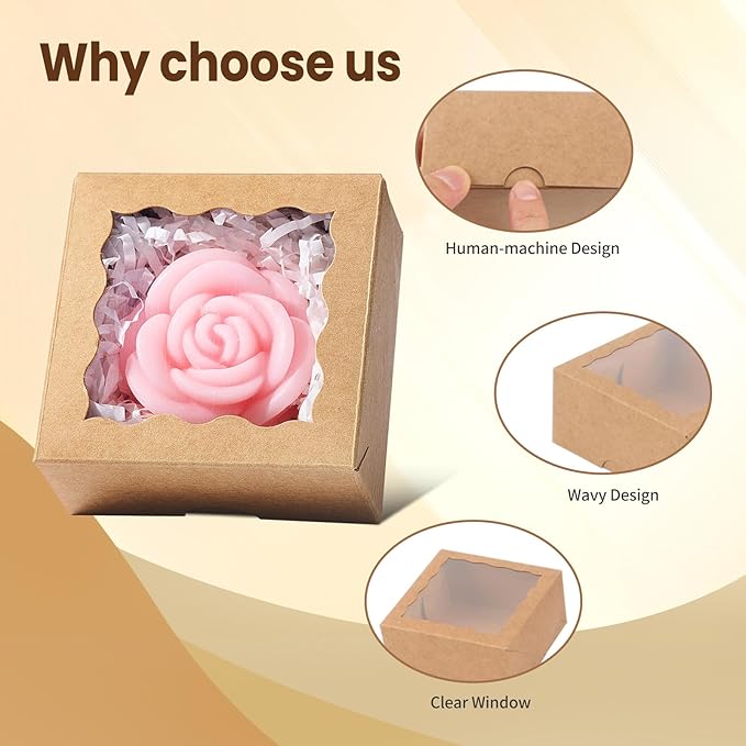 JCXGRVC 50 Count 3"x3"x1.5" Small Brown Paper Gift Boxes with Clear Window for Soap, Cookies & Chocolates Truffles & Showcase Your Homemade Treats