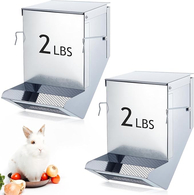 Maxcheck 2 Pcs Rabbit Feeder for Cages Small Animal Food Dispenser with Lid Metal Chicken Grit Oyster Shell Feeders Outside(4.7 Inches,Mesh Bottom,Silver)