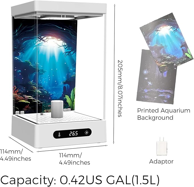 Small Shrimp Tank, 0.42 Gal Mini Fish Tank, Smart Automatic Heating, Easy Water Change Valve, and Energy-Efficient LED Lighting - Perfect for Office, Home, and Bedrooms, Single Betta Fish Only
