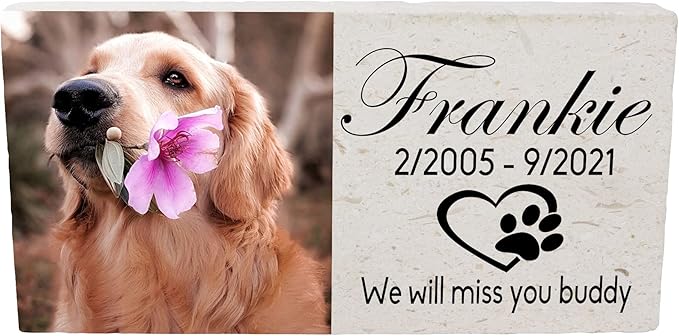 Custom Dog Memorial Stone, Personalized Pet Headstones for Dogs, Outdoor Pet Grave Markers with Photo Print and Text, Loss of Pet Sympathy Gift, 12”x 6”x1.25" Pet Grave Stone (A. Frankie Design)