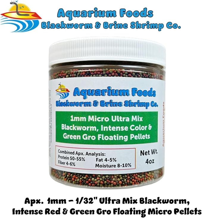 Aquatic Foods Inc. Blackworm, Intense Coloring, Spirulina 1mm Premium Floating Pellets for Small & Baby Cichlids, Discus, All Tropical Fish, Koi & Pond Fish…4oz Small Round Jar