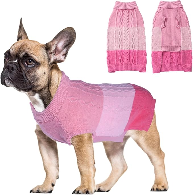 DELIFUR Color Block Dog Sweater - Knitted Turtleneck Cat Knitwear Warm Dog Coats with Classic Cable Fall Winter Clothes for Medium Dog Girl (Pink, X-Large)