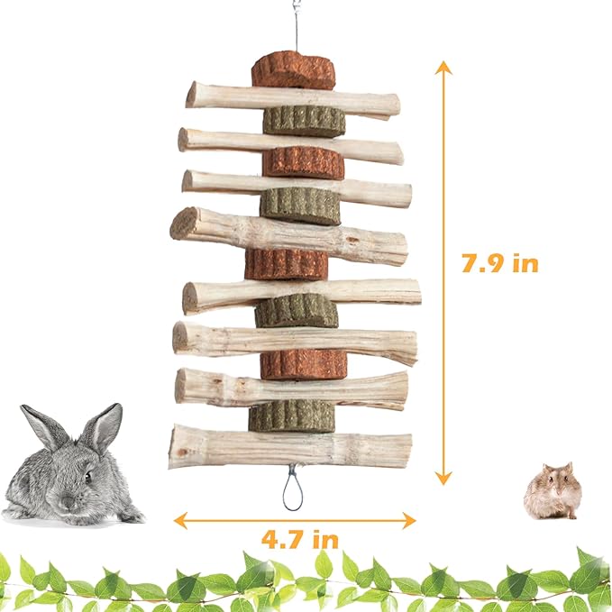 4 PCS Rabbit Chew Toys for Teeth Grinding, Delicious Bunny Cage Hanging Chew Toys, Natural Sweet Bamboo Chew Sticks and Timothy Grass Cake Hay Treats Maintaining Healthy Teeth for Rabbits