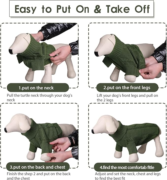 Queenmore Small Dog Pullover Sweater, Cold Weather Cable Knitwear, Classic Turtleneck Thick Warm Clothes for Chihuahua, Bulldog, Dachshund, Pug (Army Green, Medium)