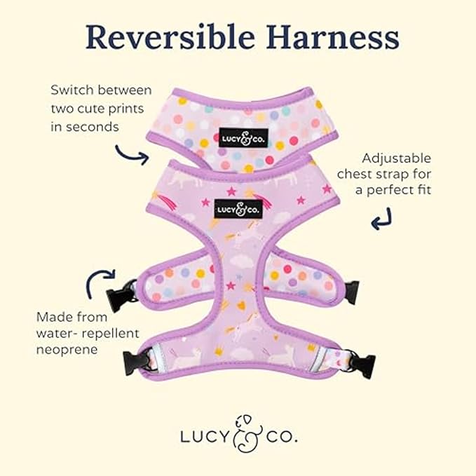 Lucy & Co. Cute Reversible Dog Harness Walking Halter - Best Designer Pet Harnesses for XS - XL Dogs - Padded Adjustable Vest for Easy Walking (X-Large, Unicorn Magic - Purple & Pink Unicorns)