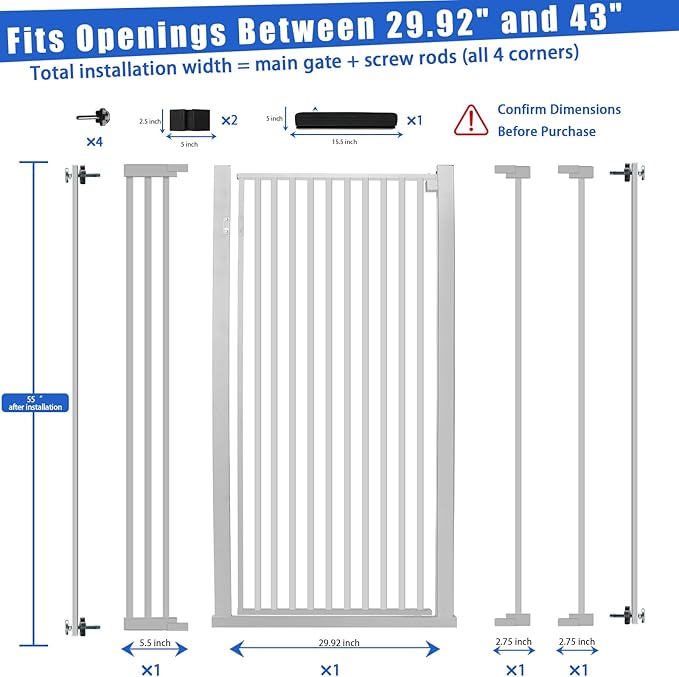 55 Inch Extra Tall Pet Gate for Cats,29.92"-43" Adjustable Wide Dog Gates,Pressure Mounted Walk Through Tall Pets Gate for Doorways,Hallway,Stairs(White)