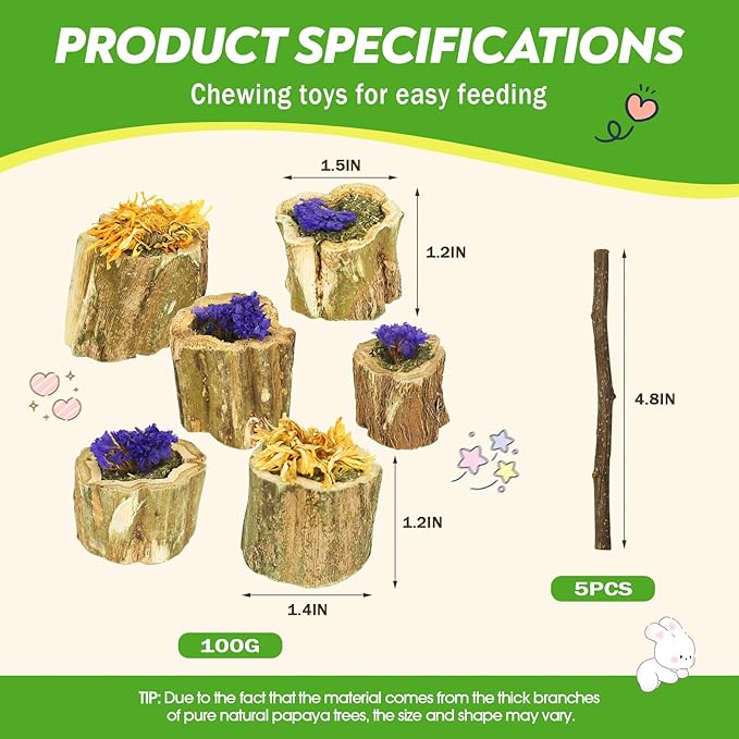 3.5oz Rabbit Chew Toys for Teeth，Bunny Papaya Wood Chew Toys Guinea Pig Treats with Apple Stick for Rabbits Guinea Pigs Hamsters Chinchillas Gerbils Prevent Teeth Overgrowth (3.5 oz, Flower)