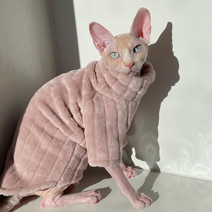 Turtleneck Sweater for Sphynx Cat Soft Coral Fleece Cat Clothes Thick Winter Warm Outfit Coat for Hairless Cats and Small Dogs Apparel with Sleeves (Pink, M (5-7 lbs))