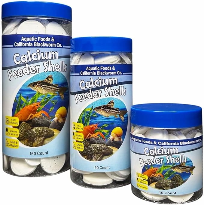 Aquatic Foods Inc. Calcium Feeding Shells, Small & Medium for Shrimp, Snails, Crabs, Crayfish, Plecos, Catfish, All Tropical Fish, 4-Type Wafer & 12-Type Pellet Mix Included...90 Count Canister