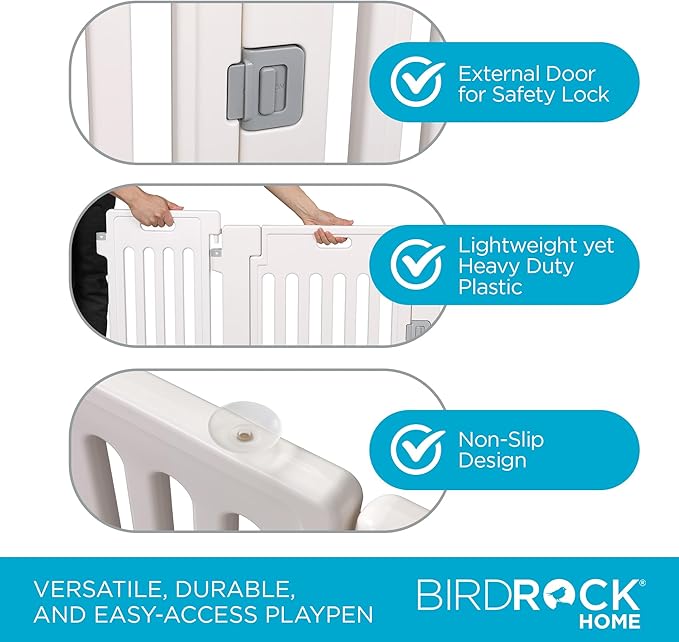 BIRDROCK HOME Dog Playpen w/Door, 8 Panel, 25.6in H | Strong Plastic, Non-Slip Puppy Playpen, Secure Pet Gate | Indoor Outdoor Fence | Configurable Panels | Small Pets - White