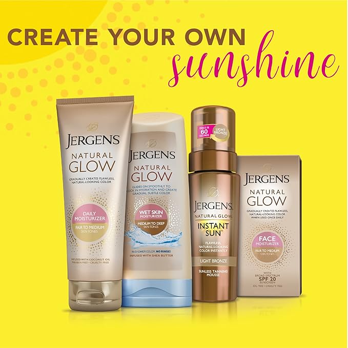 Jergens Natural Glow Instant Sun Body Mousse, Self Tanner for Light Bronze Tan, Sunless Tanning Body Bronzer for Natural Looking Color Instantly, 6 Oz
