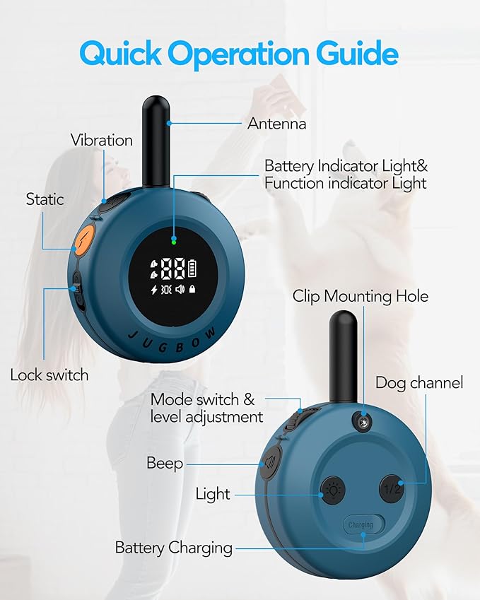 Jugbow Dog Shock Collar - 3/4 Mile Dog Training Collar with Remote for Large Medium Dogs, Rechargeable IPX8 Waterproof E-Collar with 3 Training Modes, LED Light & Security Lock (Blue)