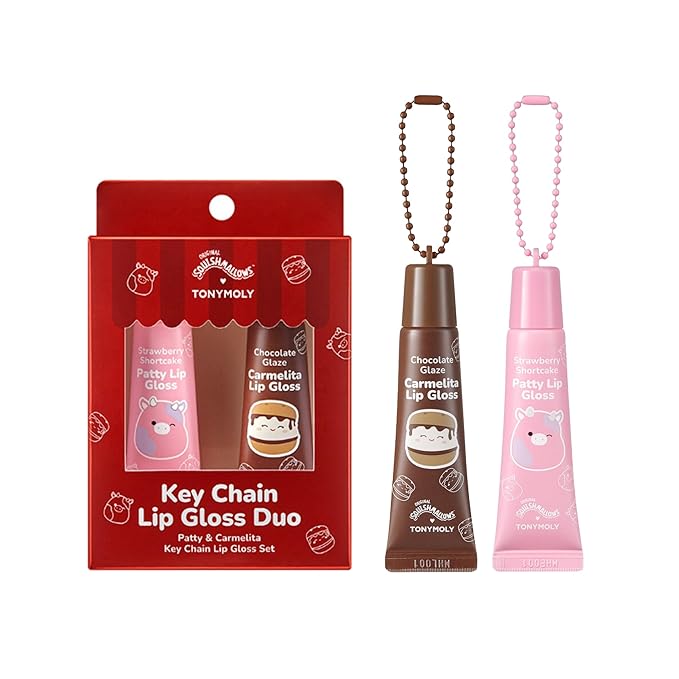TONYMOLY x Squishmallows Lip Gloss Gift Set – 2pc Patty’s Strawberry Shortcake & Carmelita’s Chocolate Glaze Keychain Duo, Hydrating Gloss, Holiday Limited Edition