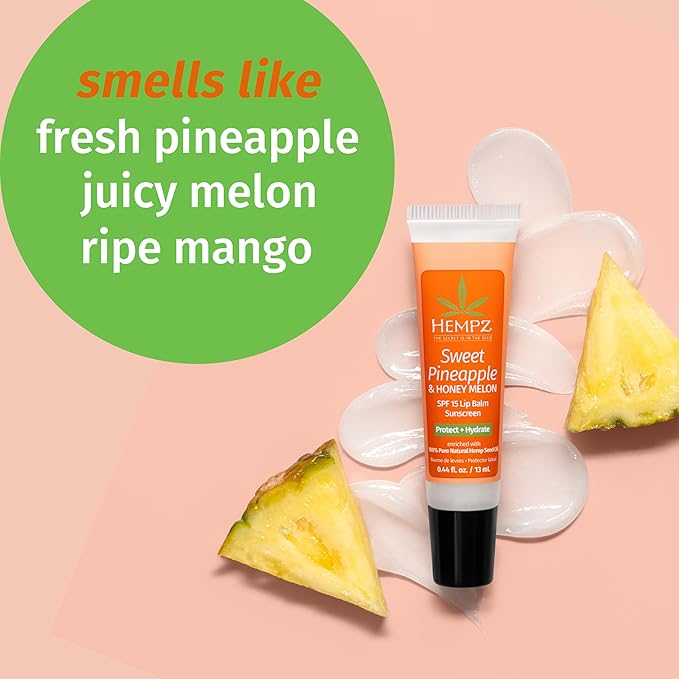 Hempz SPF 15 Lip Balm, Sweet Pineapple & Honey Melon Herbal Soothing Lip Care, for Men or Women .44 oz.