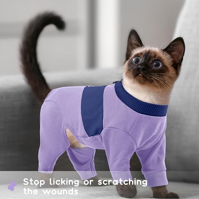 QBLEEV Cat Clothes, Soft Cat Sweaters for Cats Only, Kitten Surgery Recovery Suit Onesie Pajamas, Four Legs Cats Shirts Apparel Clothing for Hair Loss Prevention, Purple, XXL