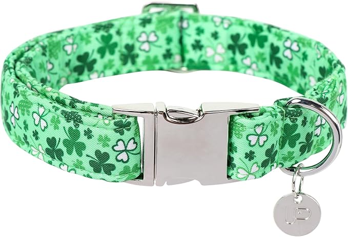 St. Patrick's Dog Collar, Cotton St. Patricks Clover Collar for Puppy Girl Boy Dog or Cat, Lucky Shamrock Dog Collar with Metal Buckle, Green, Spring, L