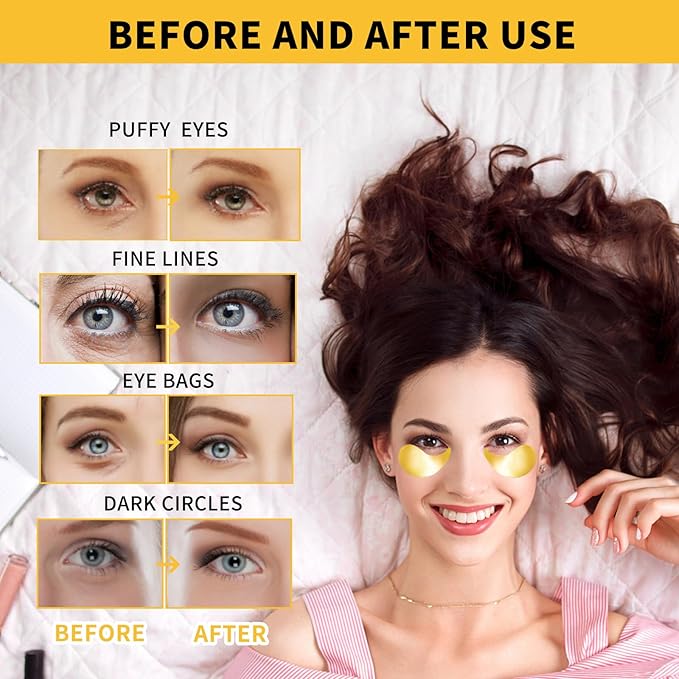 24K Gold Eye Masks for Dark Circles and Puffiness 70PCS, Under Eye Patches Gel Pads for Puffy Eyes Treatment w/Collagen, Caffeine, Peptides for Eye Bags Treatment, Gel Eye Mask Skincare
