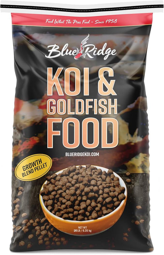 Blue Ridge Koi Fish Food 25lb - Koi Food 3/16” Large and Mini Blend Growth Formula, Goldfish Food, Premium Fish Food for Ponds, Ponds Fish Food, Floating Pond Pellets