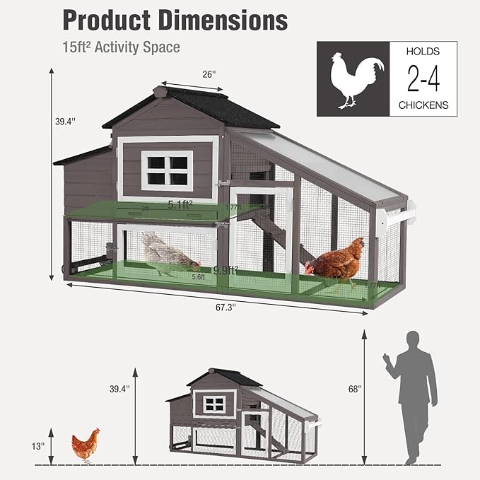 Chicken Coop with Wheels, Mobile Outdoor Chicken House with Leakproof Pull-on Tray, Nesting Box, Waterproof Roof - Brown