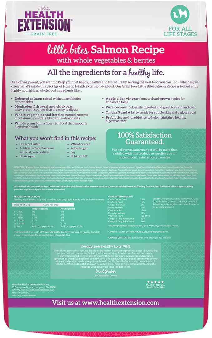 Health Extension Grain Free Salmon & Sweet Potato Little Bites Small Kibble Formula with 30+ Superfoods, Omega 3, and Probiotics for Teacups, Toys & Miniature Dogs (12lb)