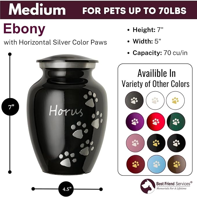 Pet Urn for Dogs and Cats with Personalized Laser Engraving, Ottillie Paws Premier Series Memorial Urns (Medium Ebony with Vertical Pewter Paws)