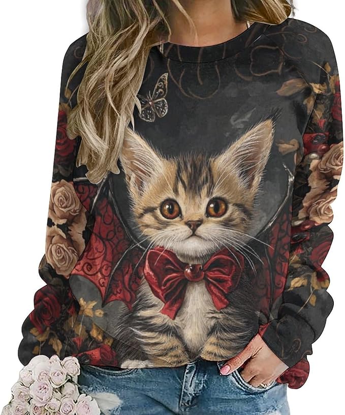 Halloween Sweatshirts for Women Black Cat Print Pullover Crewneck Oversized 2024 Fall Fashion Casual Warm Shirt