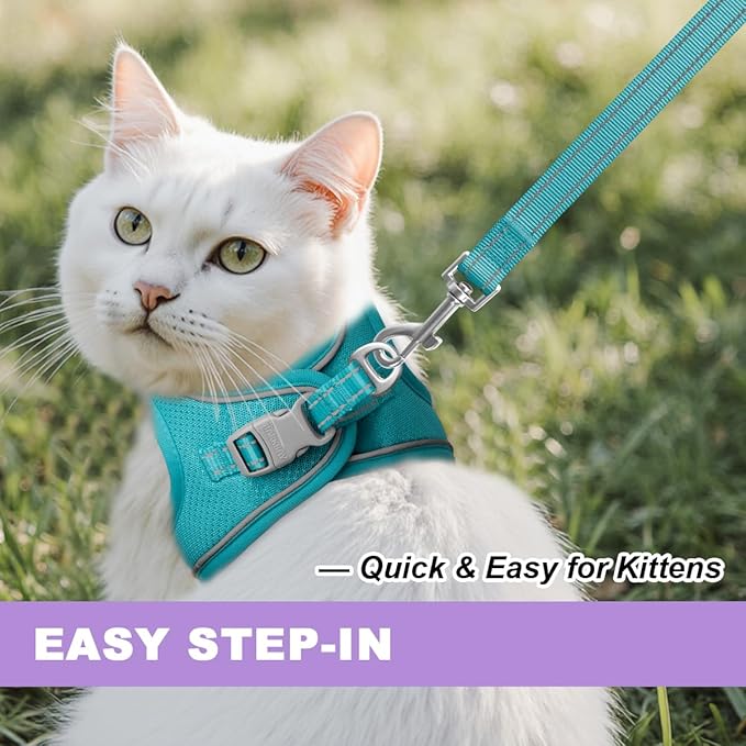 Cat Harness and Leash Set,Escape Proof Kitten Harness,Step in Adjustable Soft Lightweight,Easy Control,Reflective Strips Comfortable for Walking Travel(Ocean Blue,XS)