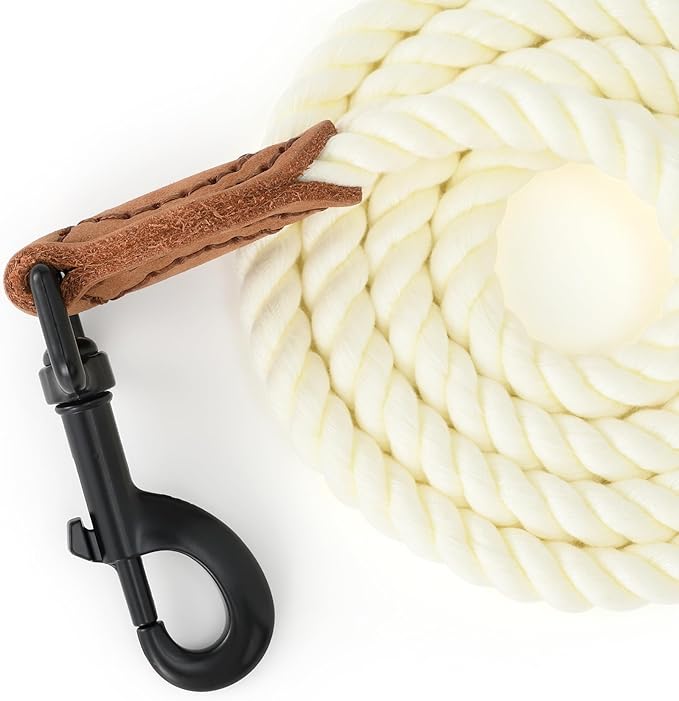 Mile High Life Dog Leash, Braided Cotton Rope Leashes with Leather Tailor Tip with Leather Tip - Heavy Duty Metal Clasp, 4FT, 1/2" Thick - Wedding, Walking Leash for Medium Large Dogs(Cream White)