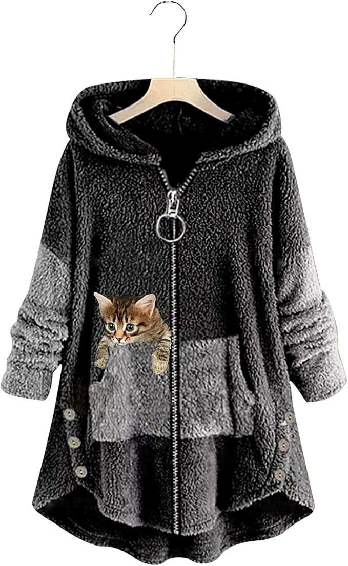 Akivide Women's Oversized Zip Up Sherpa Hoodie Fuzzy Fleece Jacket Cat Kitty Print Lightweight Faux Shearling A Line Coat