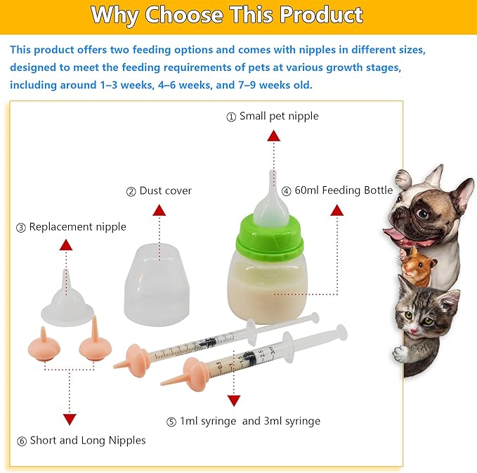 Pet Feeding Bottle and Syringe Set for Puppies and Kittens(1 Bottles,2 Syringes,6 Nipples) Green