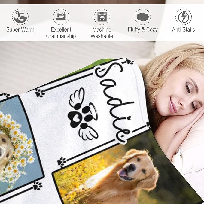 Artsadd Custom Throw Blanket with Dog Cat Pet Pictures & Name, Dog Memorial Blanket Personalized Memory Gift for Family and Friends Customized Bed Throw Blanket Sympathy Remembrance Made in USA
