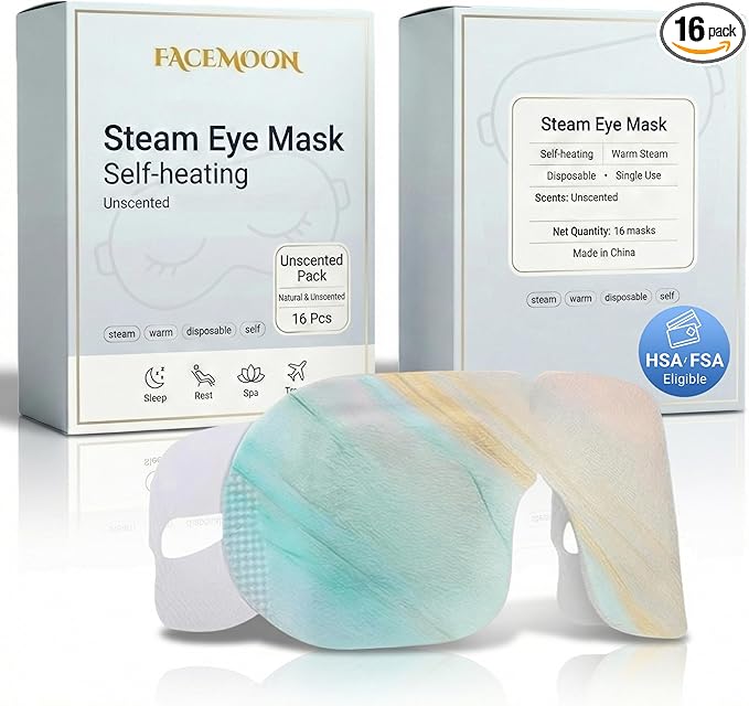 FACEMOON 16 Packs Self Heating Steam Eye Masks: Disposable Moist Warm Compress for Dry Eyes, Eye Strain, Stye & Stress Relief – No Microwave Needed for Relax, Travel, Sleep & Spa, Unscented