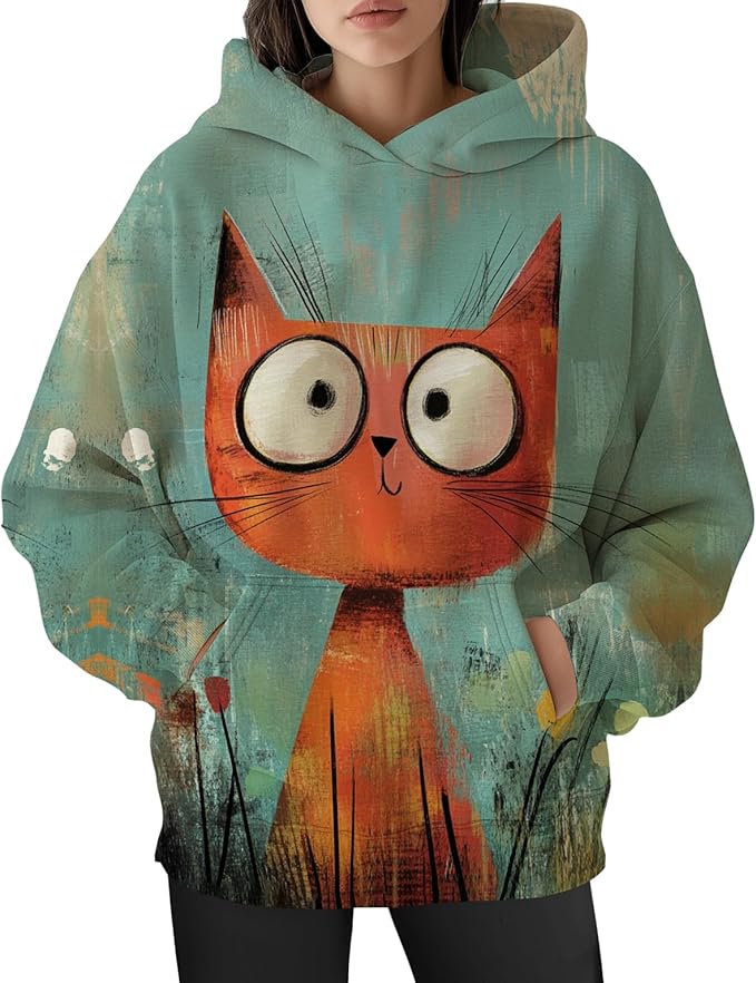 Womens Funny Cat Hoodies Oversized Graphic Hooded Sweatshirt for Women Fall Plus Size Pullover Hoodie Y2K