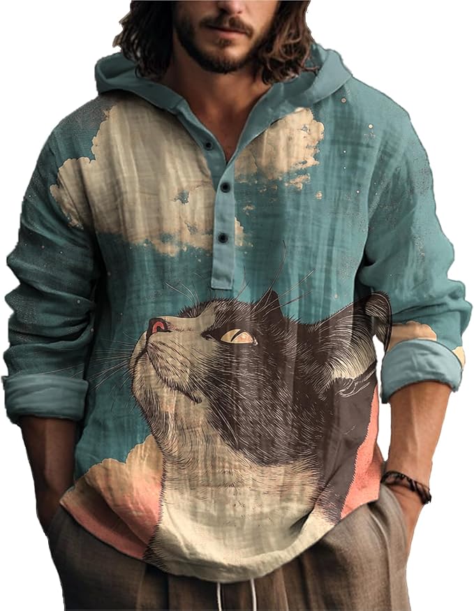 MARSVOVO Japanese Art Animal Hooded Shirt for Men Long Sleeve Quarter Button Lightweight Hoodie Cool Streetwear Tops