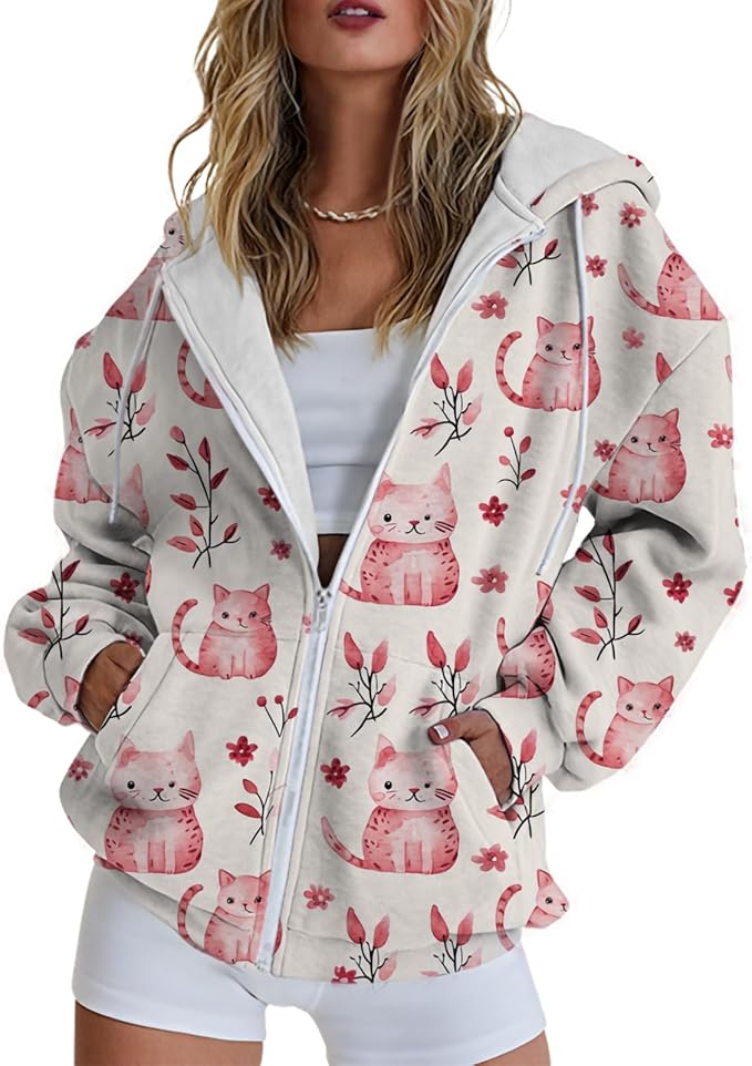 Hoodies for Women Zip Up Long Sleeve Hoodied Sweatshirt with Pockets Retro Graphic Women's Sweatshirt Trendy