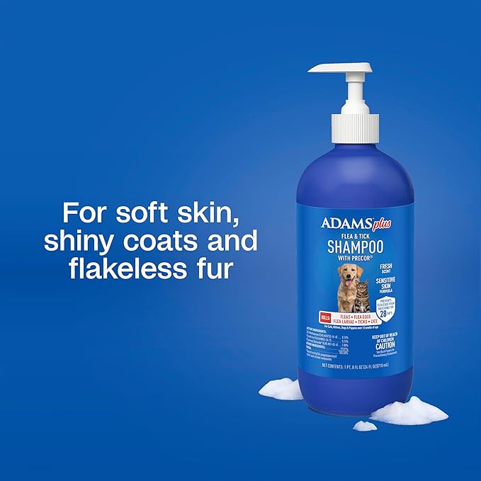 ADAMS Plus Flea & Tick Shampoo with Precor IGR for Cats, Kittens, Dogs & Puppies Over 12 Weeks of Age, Sensitive Skin Flea Treatment, Kills Adult Fleas, Flea Eggs, Ticks, and Lice, 24 Ounces
