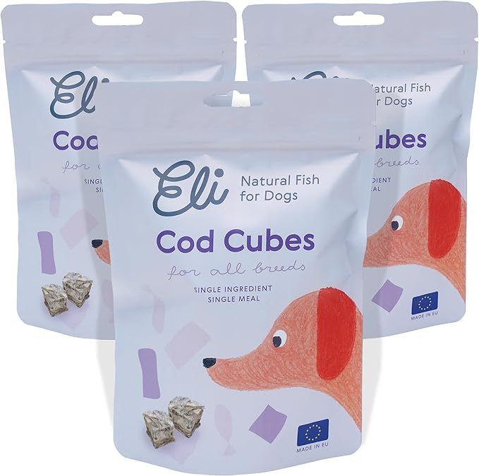 Eli Cod Skin Cubes – A Natural, Bite-Sized Fish Treat for Dogs, High in Protein and Omega-3, Ideal for Quick Rewards or Meal Toppers, Single Ingredient, Grain Free, Gluten Free, Air Dried – 3 Pack