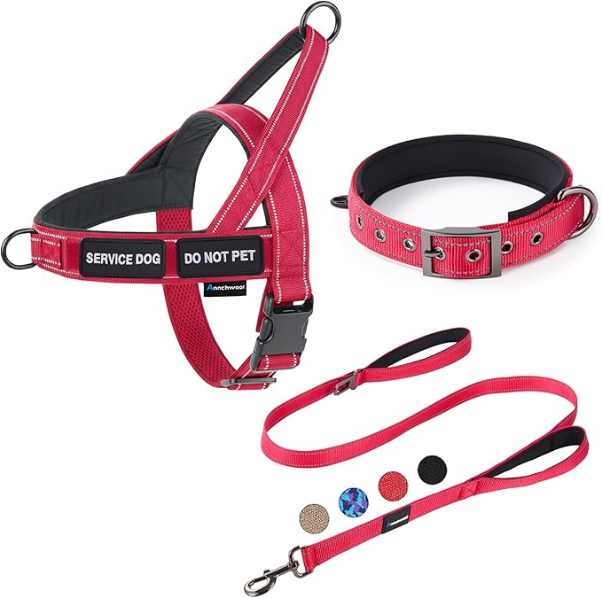 Annchwool No Pull Dog Harness,Heavy Duty Reflective Collar & Leash Set-Leash with Double Handle & Car Seatbelt Clip-Easy Control for Walking Training Medium Large Size Dogs(Red,XL)