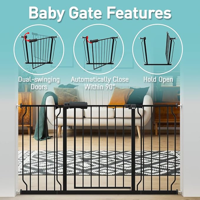 WAOWAO Baby Gate 38.58-43.31" Extra Wide Pressure Mounted Walk Through Swing Auto Close Safety Black Metal Toddler Kids Child Dog Pet Puppy for Stairs,Doorways,Kitchen