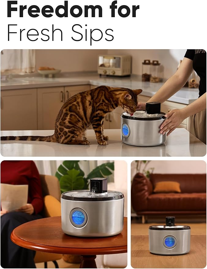 FUKUMARU Wireless Cat Water Fountain, 2025 Upgraded 152oz/4.5L Stainless Steel Battery Operated Dog Water Dispenser, Cordless Automatic Pet Fountain with 3 Modes, Hydrate for up to 15 Days