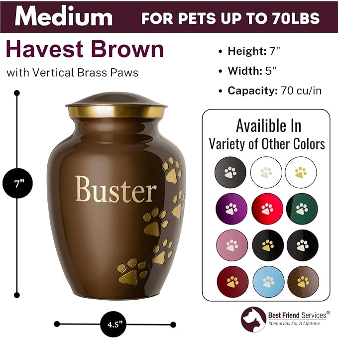 Pet Urn for Dogs and Cats with Personalized Laser Engraving, Ottillie Paws Premier Series Memorial Urns (Medium Harvest Brown with Vertical Brass Paws)