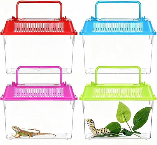 NOLITOY 4pcs Mini Portable Fish Tank: 3.7 * 5.9 * 4.3in Small Terrarium Critter Keeper for Fish Turtles Insects Hermit Crabs Bugs - Clear Reptile Enclosure Travel Carrier Box